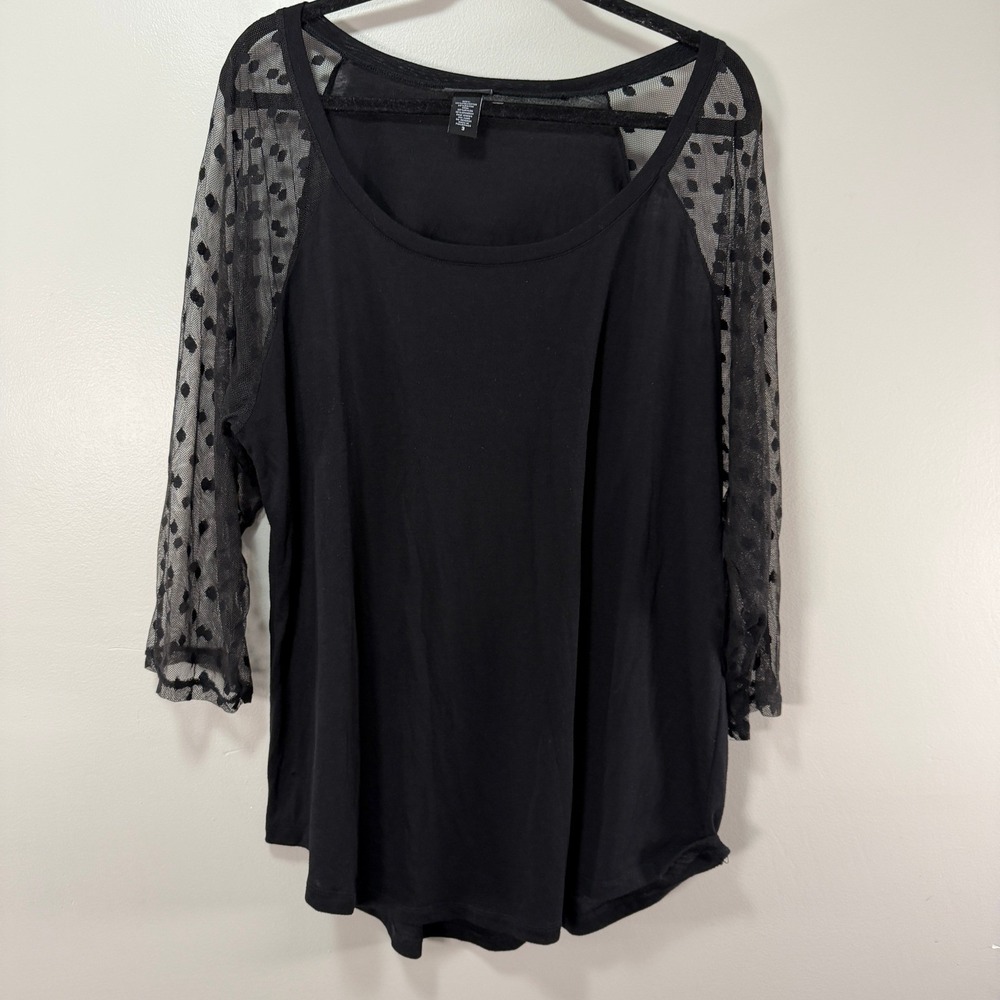 Torrid Womens Plus Size 3 Black Sheer Mesh Polka Dot Raglan Sleeve Scoop Top